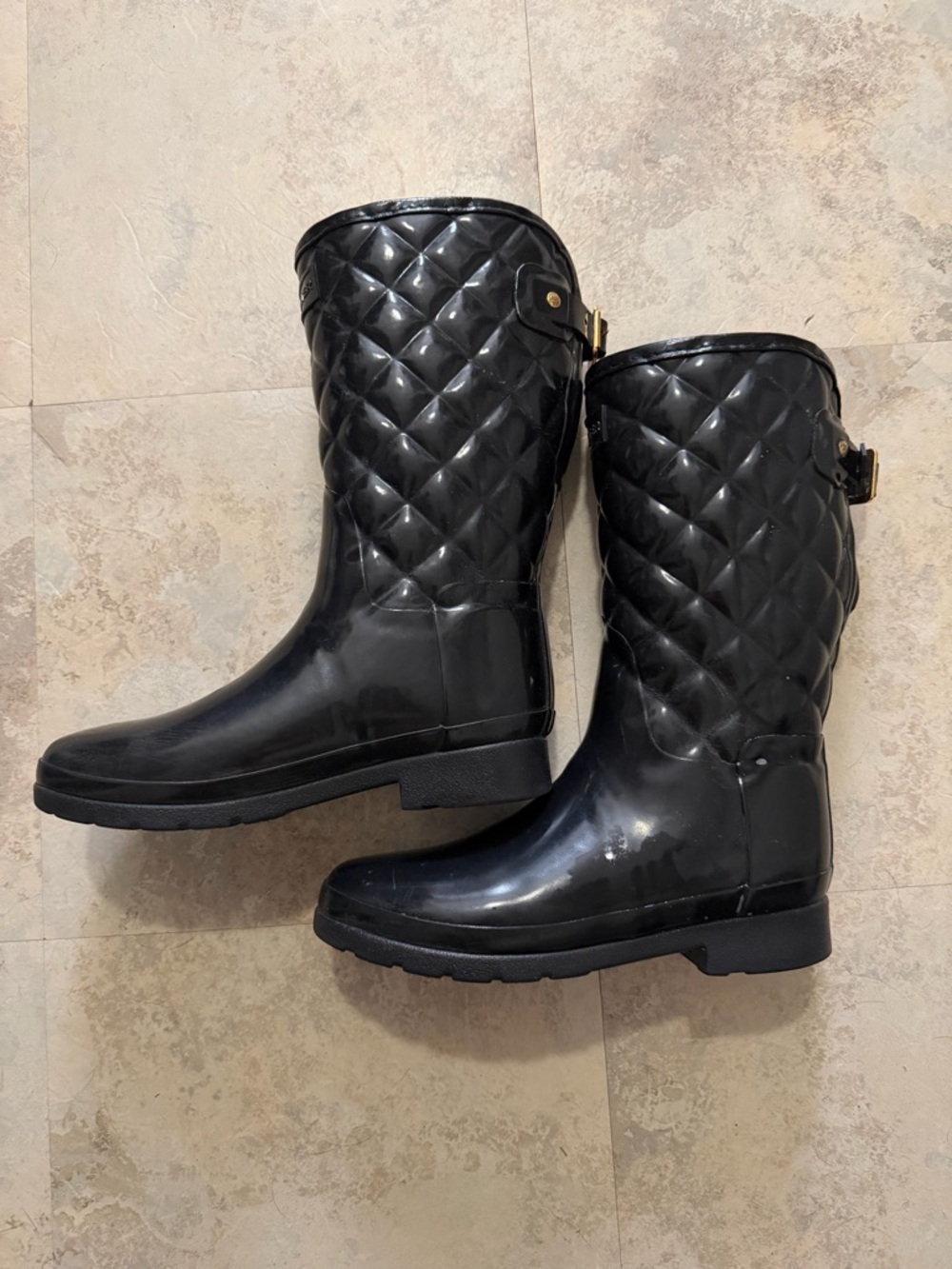 Hunter Quilted Gloss Mid Calf Short Rain Boots Black Gold Buckle Women 7